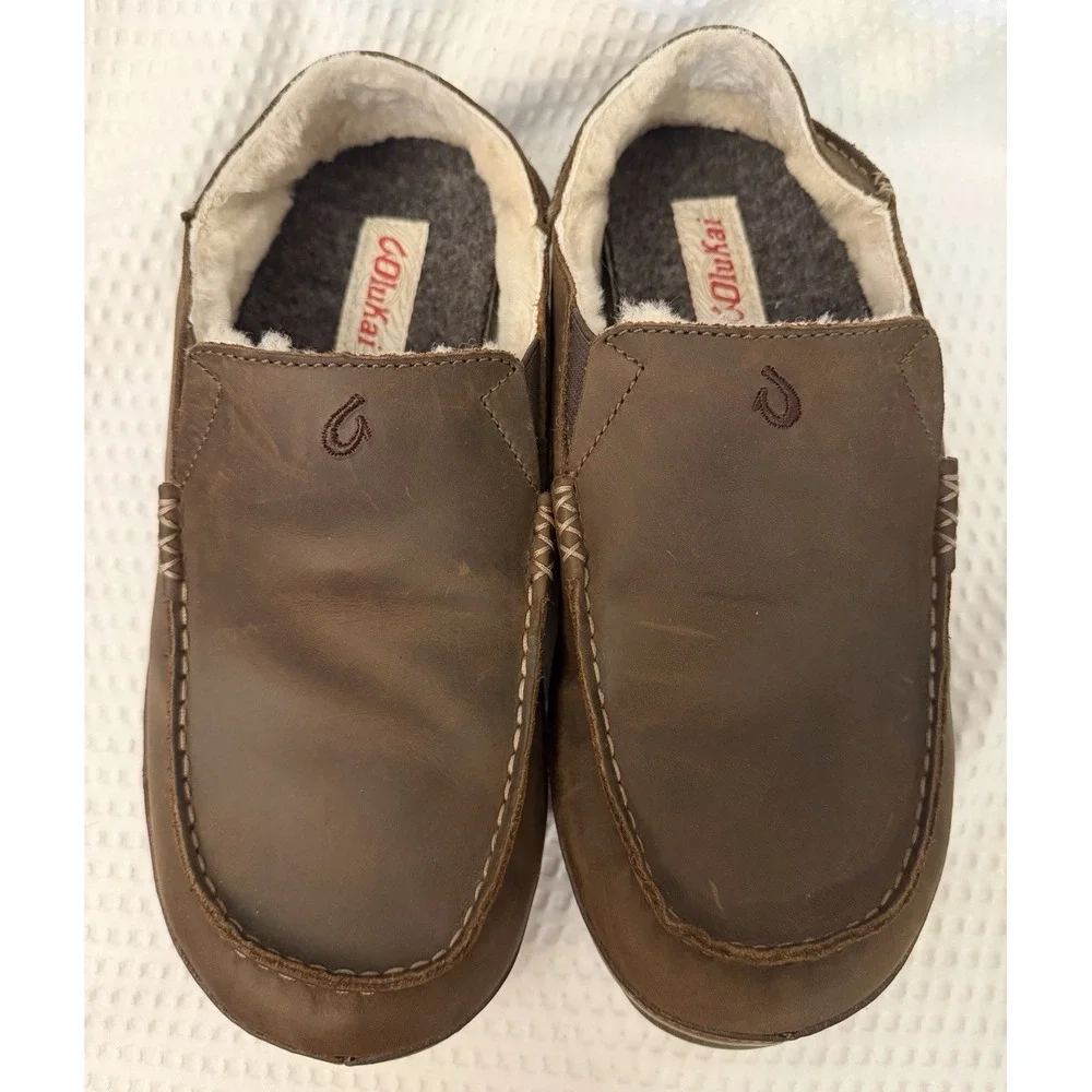 OluKai Moloa Men's Slipper US 9 EU 42 Brown Leather Fur Lined Rubber Sole Clean!